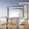 Modern Sales Office Building With Glass Curtain Walls Water Feature And Bright Interior Design
