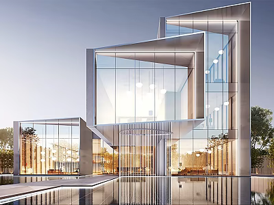 Modern Sales Office Building With Glass Curtain Walls Water Feature And Bright Interior Design 3d model