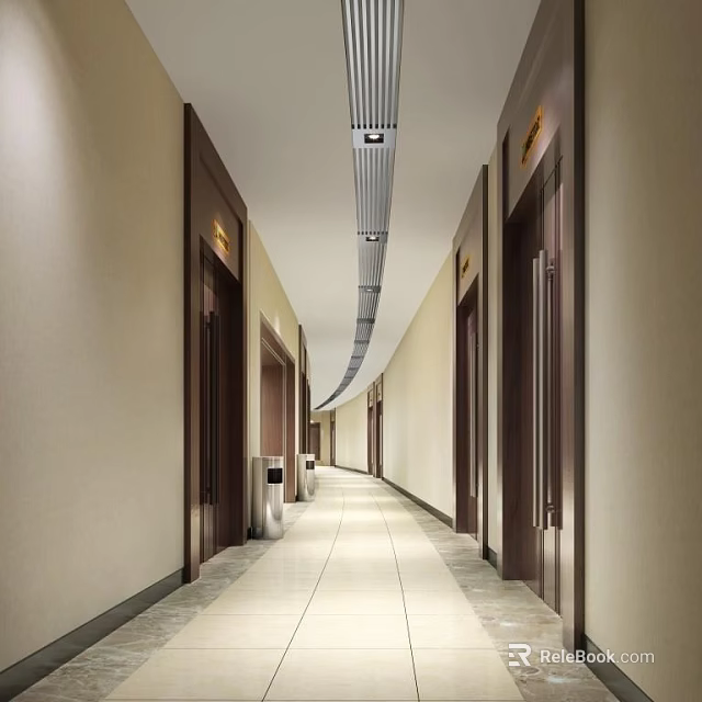 Clean Modern Office Hallway Interior With Side Doors Tile Flooring And Ceiling Lights 3d model 