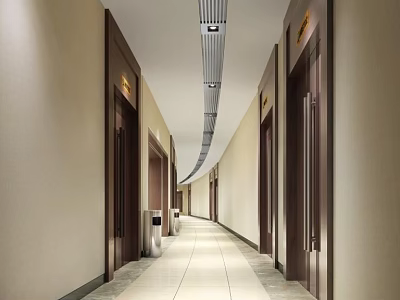 Clean Modern Office Hallway Interior With Side Doors Tile Flooring And Ceiling Lights 3d model
