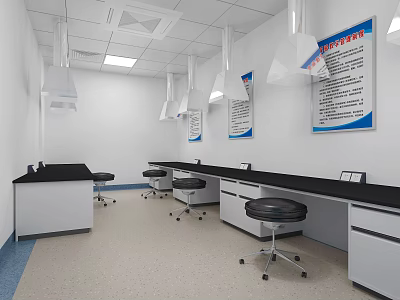 Modern Lab Interior With Black Counters Stools Fume Hoods And Posters 3d model