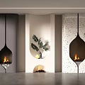 Three Modern Fireplaces With Different Textures And Decorative Plants In Interior 3d model