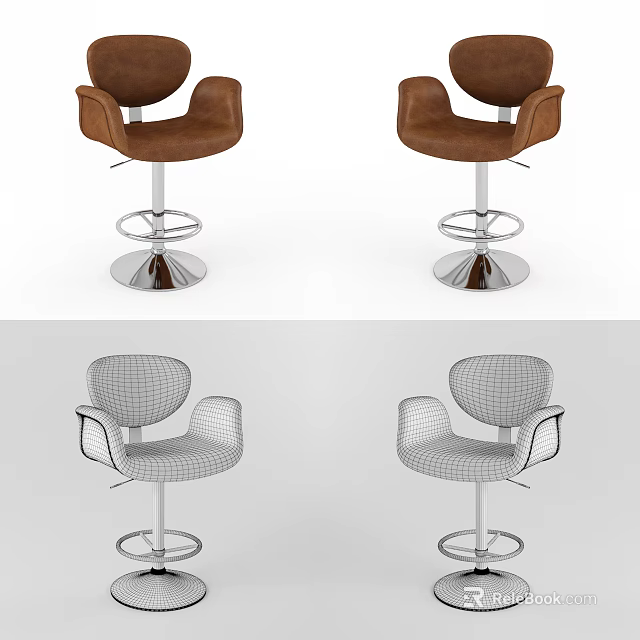 Modern Leather Bar Stools With Swivel Base 3D Model And Wireframe Design 3d model 