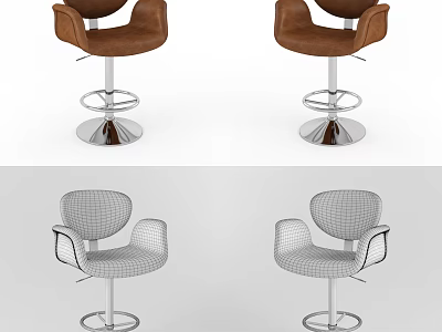Modern Leather Bar Stools With Swivel Base 3D Model And Wireframe Design 3d model