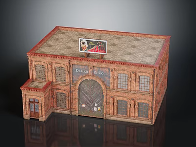 Red Brick Building with Dublin Ice Sign Arched Doorway Roof Billboard and Windows 3d model