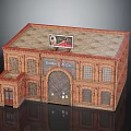 Red Brick Building with Dublin Ice Sign Arched Doorway Roof Billboard and Windows
