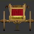 Ancient Decorative Carriage With Golden Frame Red Cushion And Large Wooden Wheels
