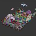 Cartoon Town Scene With Colorful Buildings White Clouds Small Houses And Green Areas