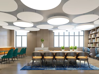 Modern Coffee Shop Interior With Round Pendant Lights Wooden Tables And Bookshelves 3d model