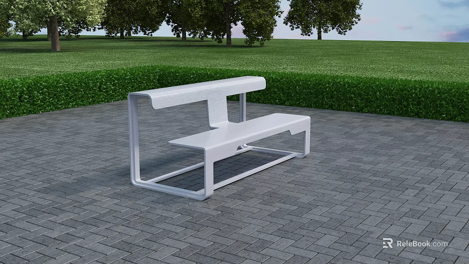 White Metal Roadside Bench On Gray Brick Pavement With Green Lawn Background 3d model 