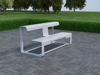 White Metal Roadside Bench On Gray Brick Pavement With Green Lawn Background 3d model