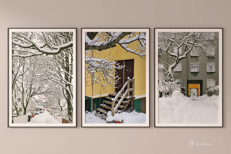 Three Winter Snow Scene Landscape Paintings On Wall 3d model