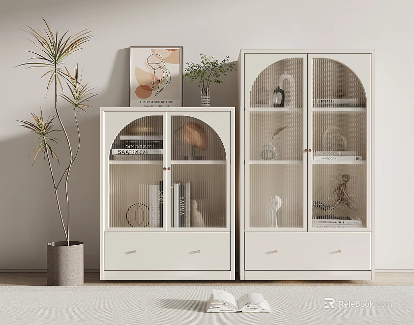 White Bookcase With Arched Glass Doors Books Decorations And Potted Plant 3d model 