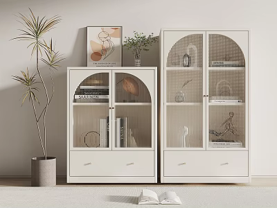 White Bookcase With Arched Glass Doors Books Decorations And Potted Plant 3d model