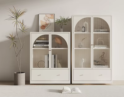 White Bookcase With Arched Glass Doors Books Decorations And Potted Plant 3d model