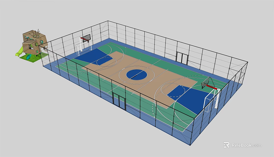 Indoor Basketball Court Featuring Blue Green Areas Hoops Fencing And Clear Lines 3d model 