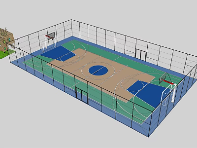 Indoor Basketball Court Featuring Blue Green Areas Hoops Fencing And Clear Lines 3d model