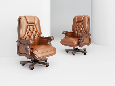 Two Brown Leather Office Chairs With Diamond Stitching And Wooden Armrests 3d model