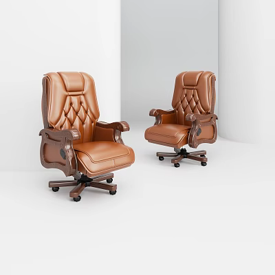Two Brown Leather Office Chairs With Diamond Stitching And Wooden Armrests 3d model