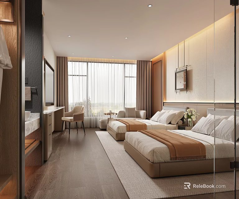 Modern Hotel Guest Room With Twin Beds Large Windows Armchair And Decorative Wall Art 3d model 