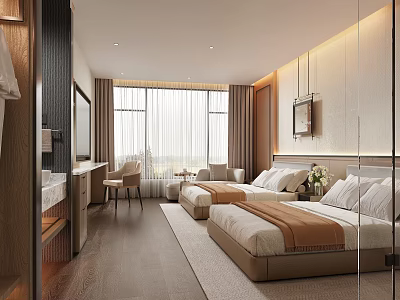 Modern Hotel Guest Room With Twin Beds Large Windows Armchair And Decorative Wall Art 3d model
