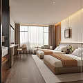 Modern Hotel Guest Room With Twin Beds Large Windows Armchair And Decorative Wall Art