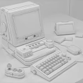 Vintage Retro Computer With Gaming Screen Keyboard Mouse Joystick And Cartridges