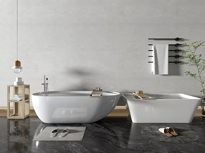 White Freestanding Bathtubs With Gray Wall Towel Rack Wooden Table Marble Floor And Plant 3d model