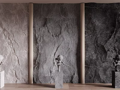 Natural Stone Texture Feature Wall With Wooden Columns And Decorative Sculptures In Interior Design 3d model