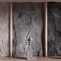 Natural Stone Texture Feature Wall With Wooden Columns And Decorative Sculptures In Interior Design