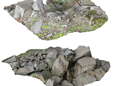 Natural Stone And Wood Collection With Mossy Green Plants And Rock Piles 3d model