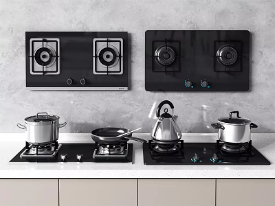 Modern Kitchen With Black Gas Hobs And Cookware On White Countertop And Cabinets 3d model