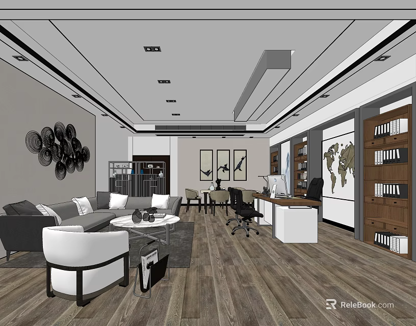 Modern Office Interior With Sofa Coffee Table Desk Chairs Bookshelves World Map And Wooden Flooring 3d model 