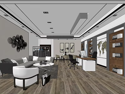 Modern Office Interior With Sofa Coffee Table Desk Chairs Bookshelves World Map And Wooden Flooring 3d model
