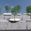 Modern Tree Planters With Irregular Shapes Green Grass And Trees On Gray Paved Ground