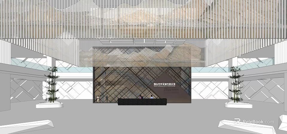 Modern Lobby Interior With Reception Desk Decorative Wall And Ceiling Design 3d model 
