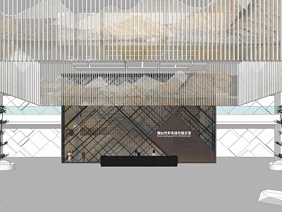 Modern Lobby Interior With Reception Desk Decorative Wall And Ceiling Design 3d model
