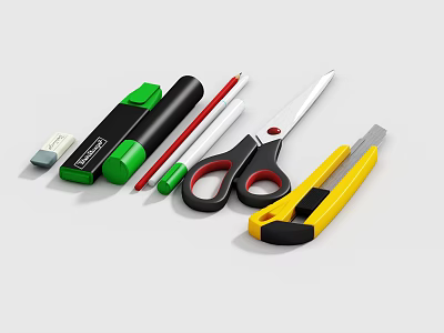 Essential Office Supplies Scissors Marker Pencil Eraser And Utility Knife For School And Office Use 3d model