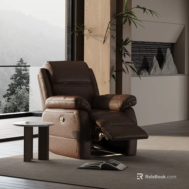 Brown Leather Recliner Chair In Modern Living Room With Small Side Table And Mountain View 3d model 