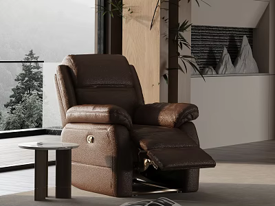 Brown Leather Recliner Chair In Modern Living Room With Small Side Table And Mountain View 3d model