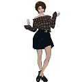 Woman Posing in Plaid Off the Shoulder Top and Pleated Skirt with Updo Hairstyle