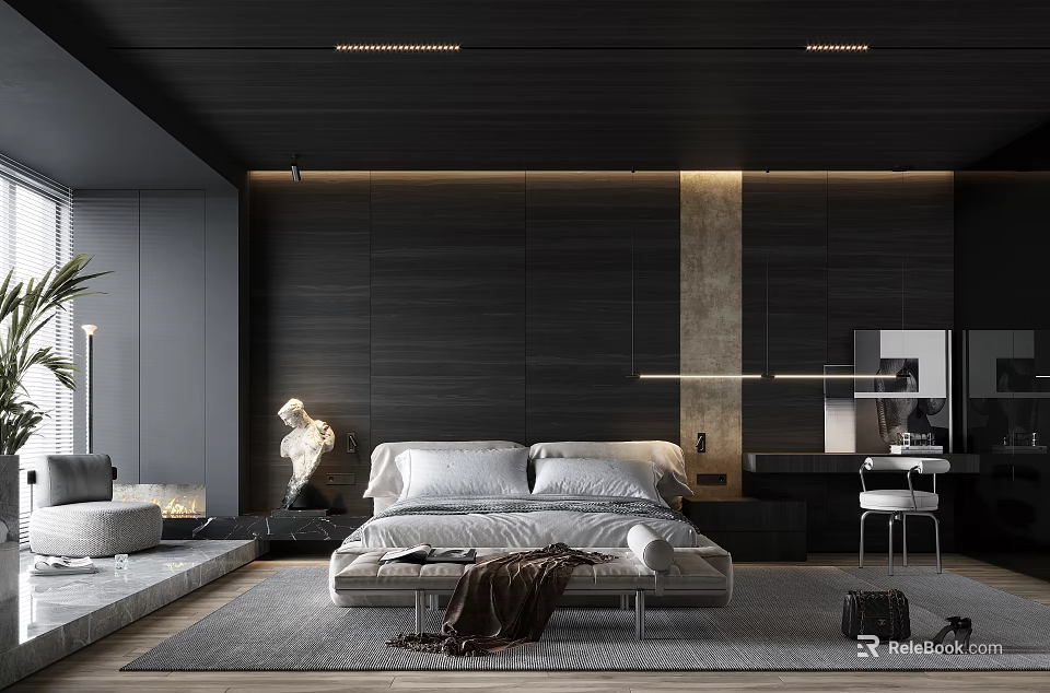Modern Bedroom Interior Design With Dark Wooden Accent Wall And Ambient Lighting 3d model 