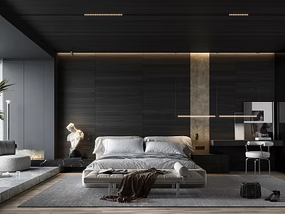 Modern Bedroom Interior Design With Dark Wooden Accent Wall And Ambient Lighting 3d model