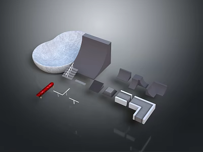 3D Architectural Design Elements With Bowl Structure Ramp Stairs Seats And Red Sign 3d model