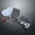 3D Architectural Design Elements With Bowl Structure Ramp Stairs Seats And Red Sign