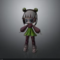 Cartoon 3D Girl Character With Gray Hair Green Accessories Green Dress Red Pants Brown Shoes