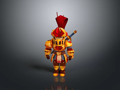 Cartoon Knight Character With Golden Red Armor And Red Feather Helmet Holding Sword 3d model