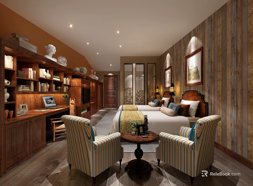 Hotel Guest Room Interior With Striped Armchairs Wooden Bookshelves Bed And Decorative Paintings 3d model 