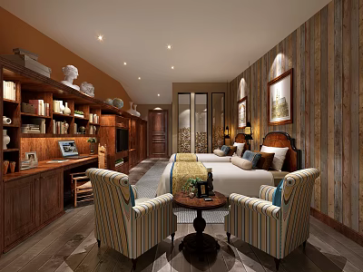 Hotel Guest Room Interior With Striped Armchairs Wooden Bookshelves Bed And Decorative Paintings 3d model