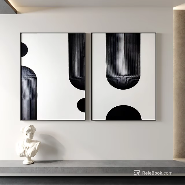 Modern Black White Abstract Wall Art With Geometric Patterns And Sculpture Decor 3d model